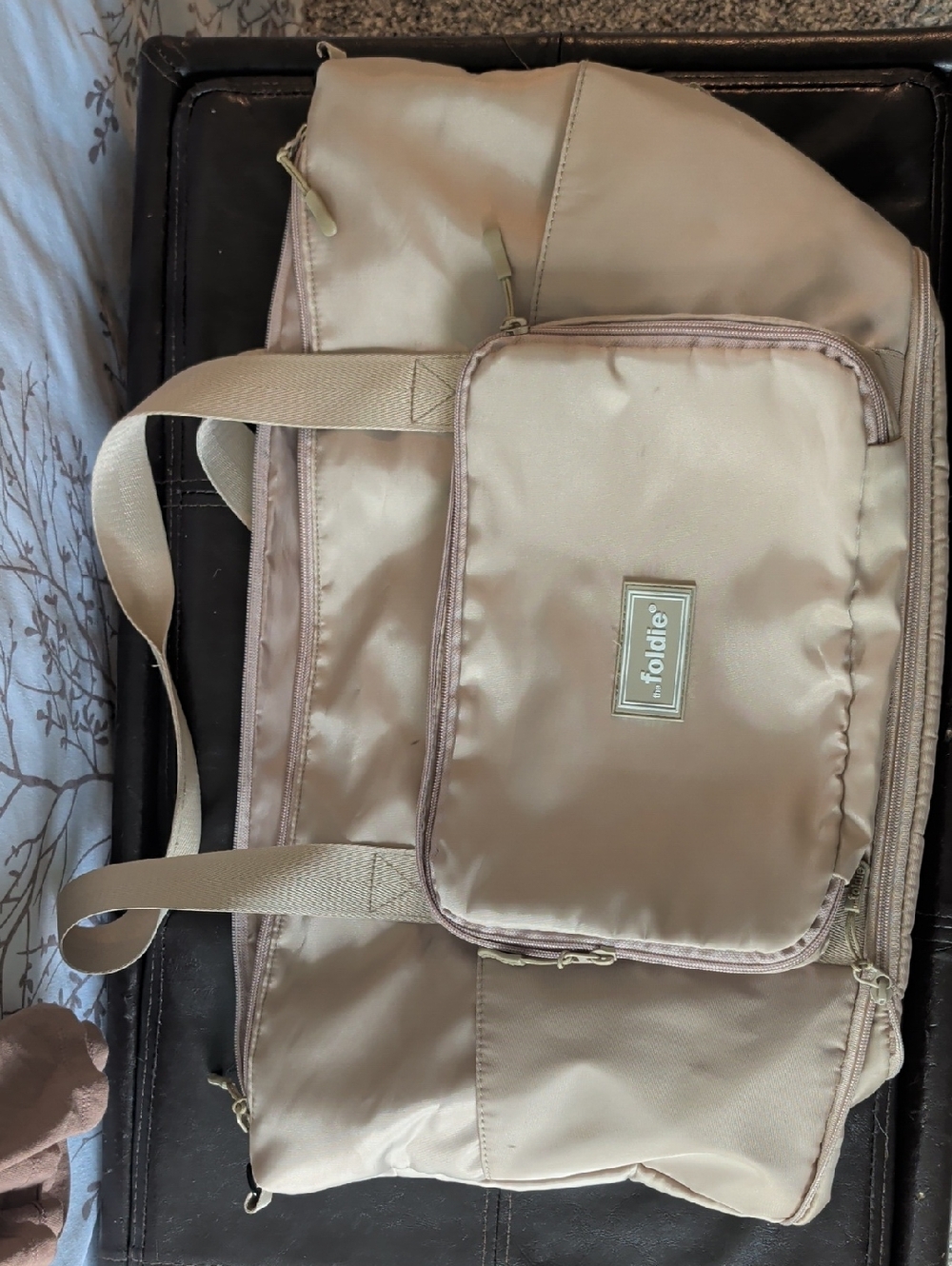 Foldie Beige Satin Travel Tote with Front Pocket